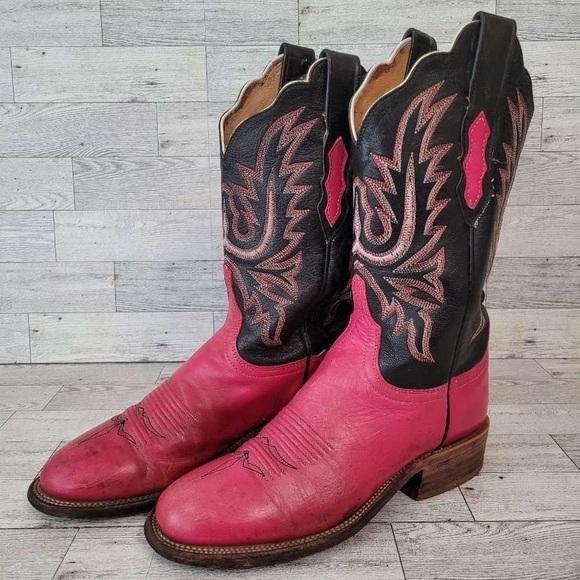 Lucchese Shoes - Women's Lucchese 2000 Western Pink Black Leather Rodeo Cowboy Boots Size 7 B